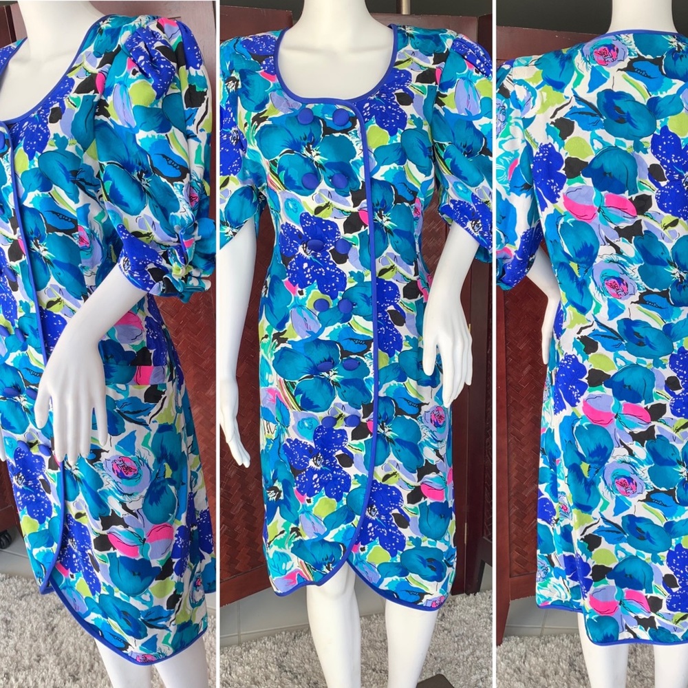 Vintage 80s Flora Kung New York grannycore bright floral silk midi dress size 10
